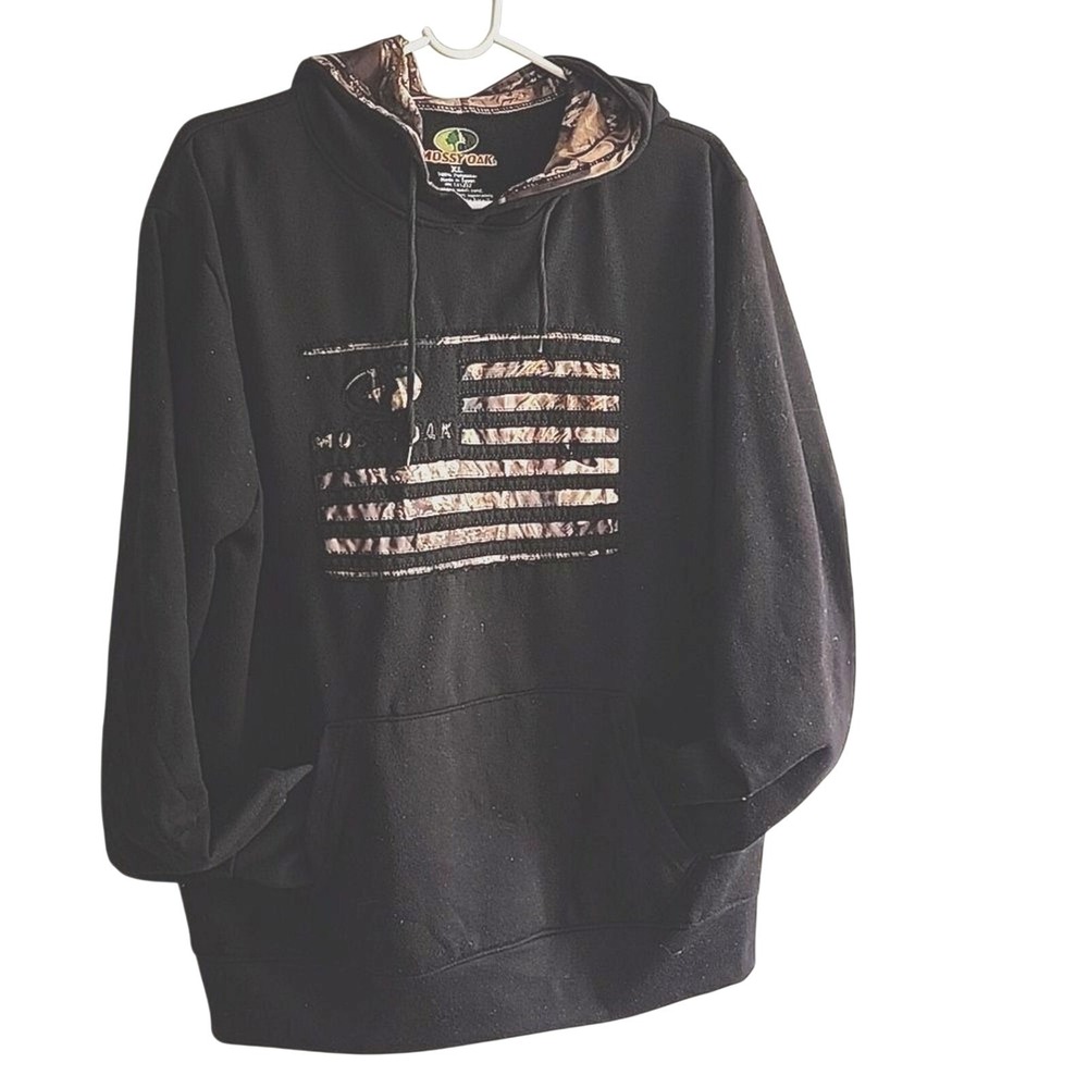 Mossy Oak Hoodie Mens XL Black Camo American Flag Patriotic Hunting Outdoor